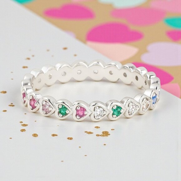 Rainbow Heart Ring S925 Sterling Silver Dainty Minimalist Bundle Offer Sz 5.5 - Picture 5 of 12